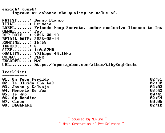 NFO for the release Benny_Blanco-Hermoso-ES-16BIT-WEB-FLAC-2026-ENRiCH by ENRiCH