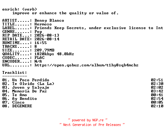 NFO for the release Benny_Blanco-Hermoso-ES-24BIT-WEB-FLAC-2026-ENRiCH by ENRiCH