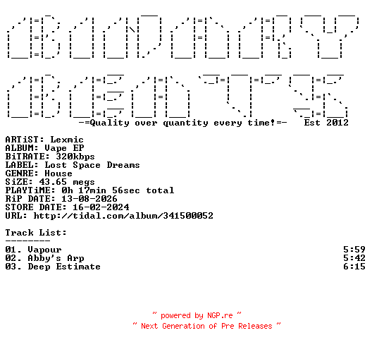 NFO for the release Lexmic-Vape_EP-(LSD003)-WEB-2024-BB by BB