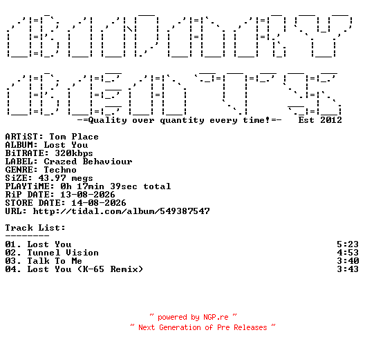NFO for the release Tom_Place-Lost_You-(CBV003)-WEB-2026-BB by BB