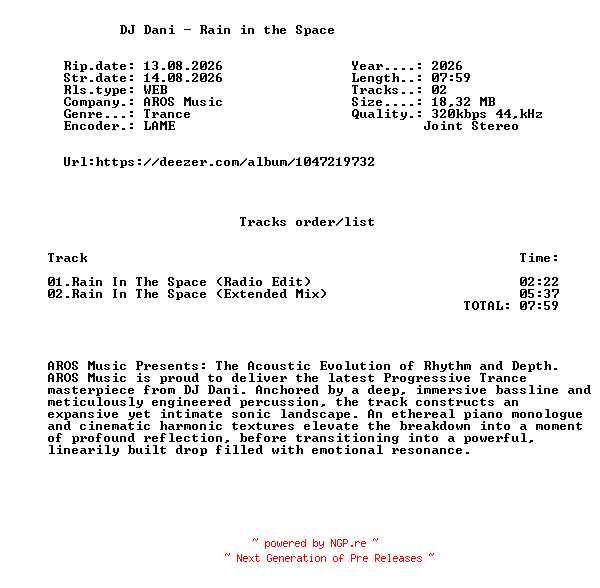 NFO for the release DJ_Dani_-_Rain_In_The_Space-(AROS0386)-WEB-2026-FMC by FMC