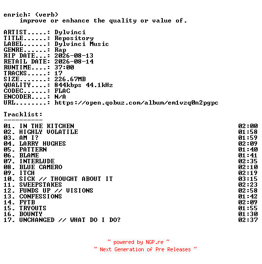 NFO for the release Dylvinci-Repository-16BIT-WEB-FLAC-2026-ENRiCH by ENRiCH