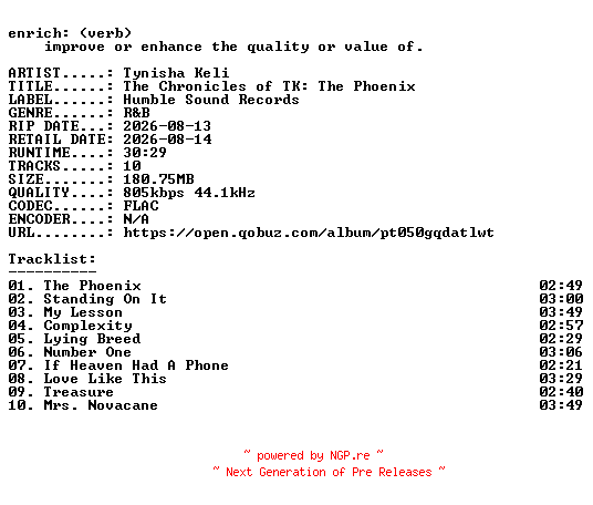 NFO for the release Tynisha_Keli-The_Chronicles_of_TK_The_Phoenix-16BIT-WEB-FLAC-2026-ENRiCH by ENRiCH
