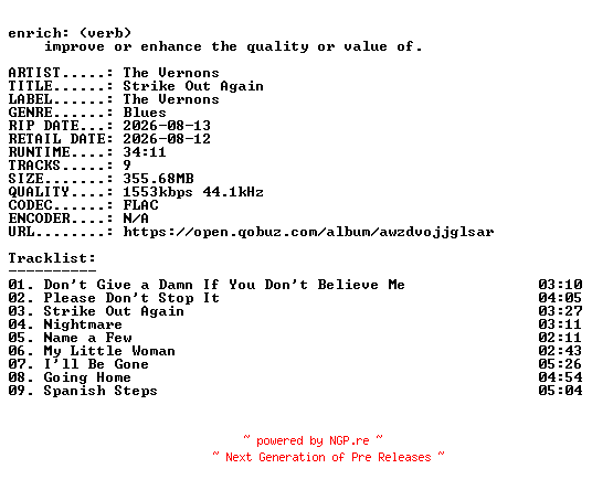 NFO for the release The_Vernons-Strike_Out_Again-24BIT-WEB-FLAC-2026-ENRiCH by ENRiCH