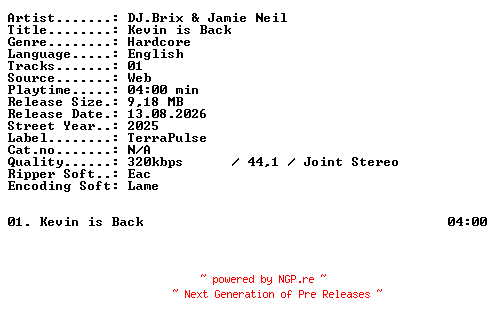 NFO for the release Djbrix_and_Jamie_Neil-Kevin_is_Back-SINGLE-WEB-2025-XTC_iNT by XTC_iNT