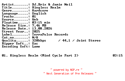 NFO for the release Djbrix_and_Jamie_Neil-Kingless_Realm-SINGLE-WEB-2025-XTC_iNT by XTC_iNT