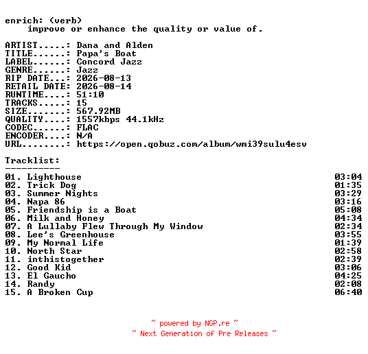 NFO for the release Dana_and_Alden-Papas_Boat-24BIT-WEB-FLAC-2026-ENRiCH by ENRiCH