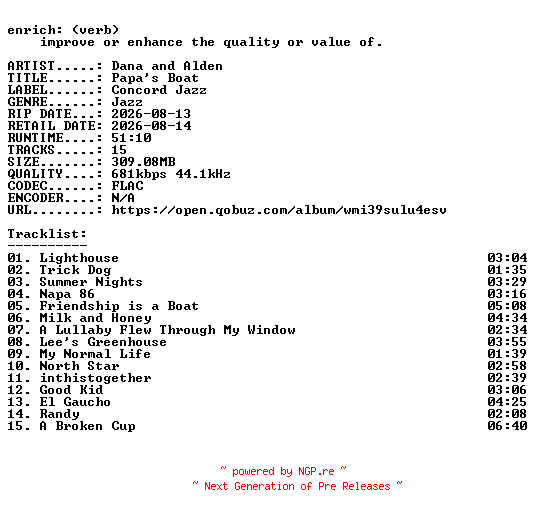 NFO for the release Dana_and_Alden-Papas_Boat-16BIT-WEB-FLAC-2026-ENRiCH by ENRiCH