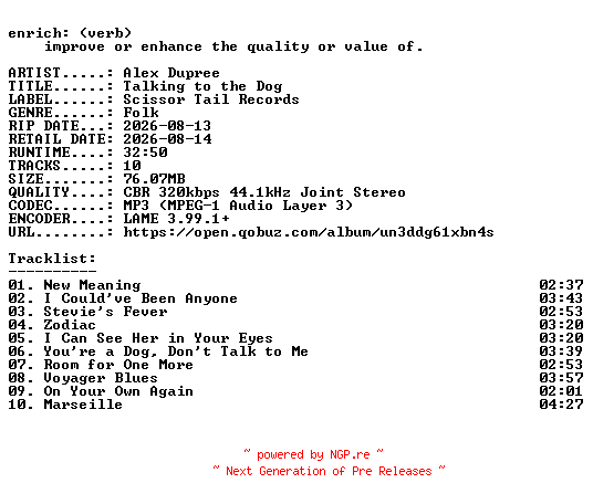 NFO for the release Alex_Dupree-Talking_to_the_Dog-WEB-2026-ENRiCH by ENRiCH