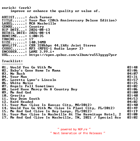 NFO for the release Josh_Turner-Your_Man_(20th_Anniversary_Deluxe_Edition)-WEB-2026-ENRiCH by ENRiCH