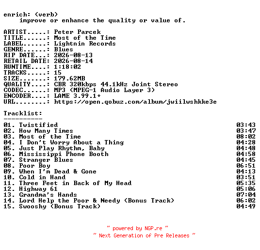 NFO for the release Peter_Parcek-Most_of_the_Time-WEB-2026-ENRiCH by ENRiCH