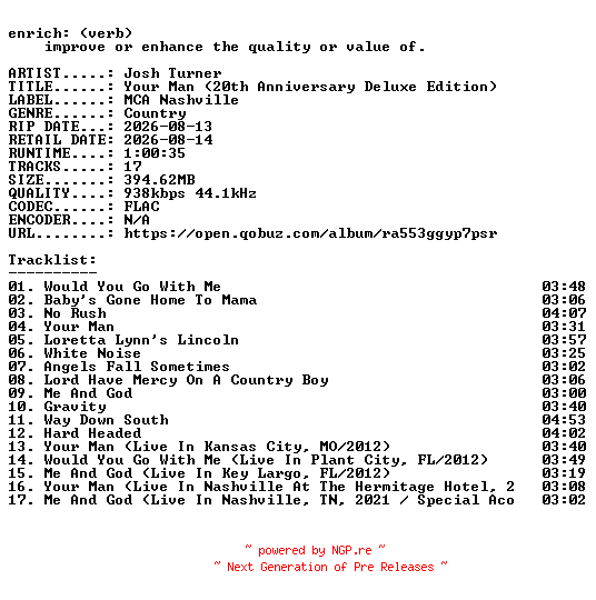 NFO for the release Josh_Turner-Your_Man_(20th_Anniversary_Deluxe_Edition)-16BIT-WEB-FLAC-2026-ENRiCH by ENRiCH