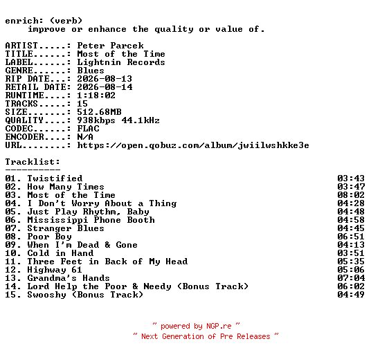 NFO for the release Peter_Parcek-Most_of_the_Time-16BIT-WEB-FLAC-2026-ENRiCH by ENRiCH