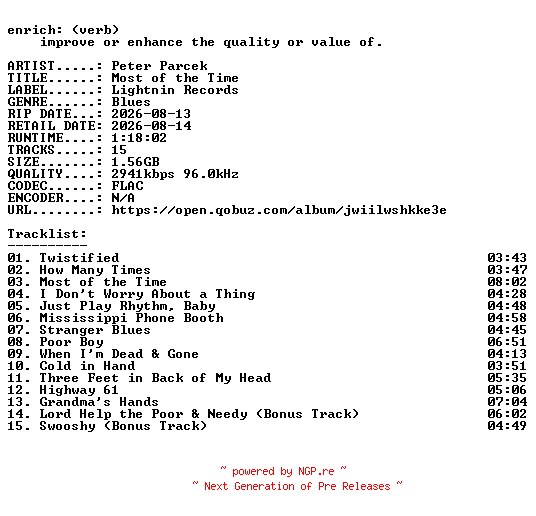 NFO for the release Peter_Parcek-Most_of_the_Time-24BIT-WEB-FLAC-2026-ENRiCH by ENRiCH