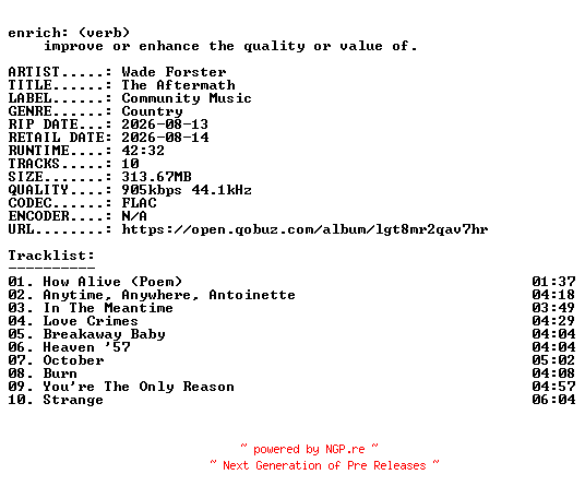 NFO for the release Wade_Forster-The_Aftermath-24BIT-WEB-FLAC-2026-ENRiCH by ENRiCH