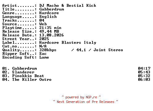 NFO for the release DJ_Macho_and_Bestial_Kick-Gabberdrum-WEB-2025-XTC_iNT by XTC_iNT