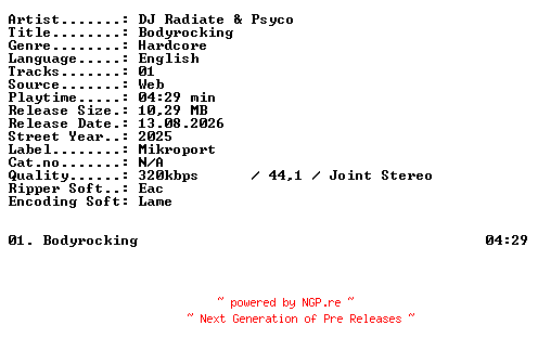 NFO for the release DJ_Radiate_and_Psyco-Bodyrocking-SINGLE-WEB-2025-XTC_iNT by XTC_iNT