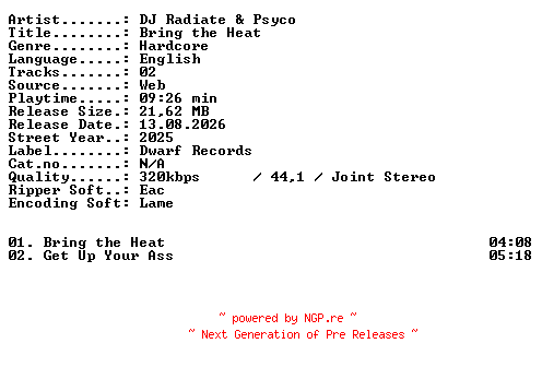 NFO for the release DJ_Radiate_and_Psyco-Bring_the_Heat-WEB-2025-XTC_iNT by XTC_iNT