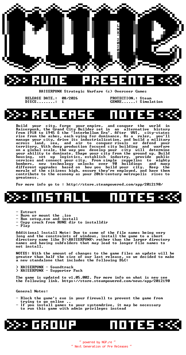 NFO for the release KAISERPUNK.Strategic.Warfare-RUNE by RUNE