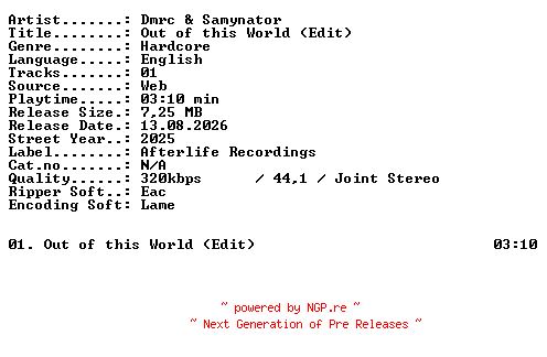 NFO for the release Dmrc_and_Samynator-Out_of_this_World_(Edit)-SINGLE-WEB-2025-XTC_iNT by XTC_iNT