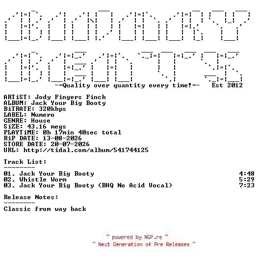 NFO for the release Jody_Fingers_Finch-Jack_Your_Big_Booty-(NUM6693DIGITAL)-WEB-2026-BB by BB