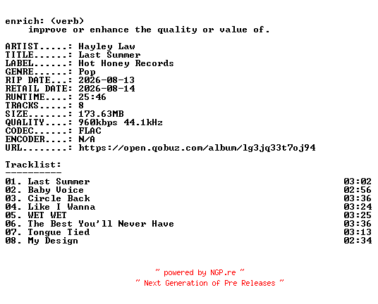 NFO for the release Hayley_Law-Last_Summer-16BIT-WEB-FLAC-2026-ENRiCH by ENRiCH