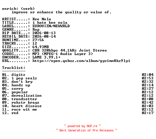 NFO for the release Kee_Nola-i_hate_kee_nola-WEB-2026-ENRiCH by ENRiCH