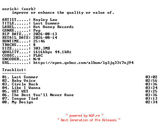 NFO for the release Hayley_Law-Last_Summer-24BIT-WEB-FLAC-2026-ENRiCH by ENRiCH