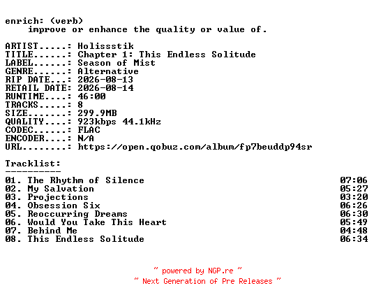 NFO for the release Holissstik-Chapter_1_This_Endless_Solitude-16BIT-WEB-FLAC-2026-ENRiCH by ENRiCH