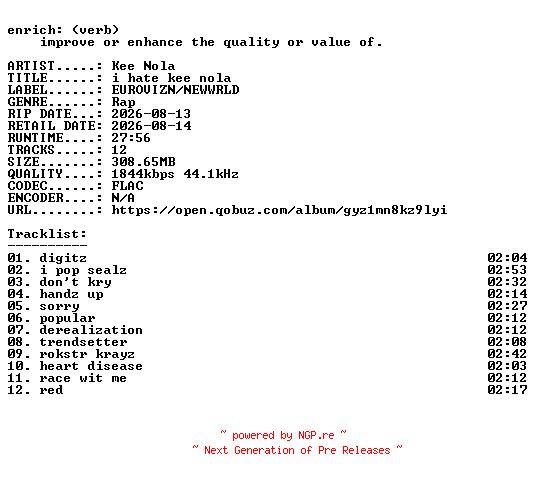 NFO for the release Kee_Nola-i_hate_kee_nola-24BIT-WEB-FLAC-2026-ENRiCH by ENRiCH