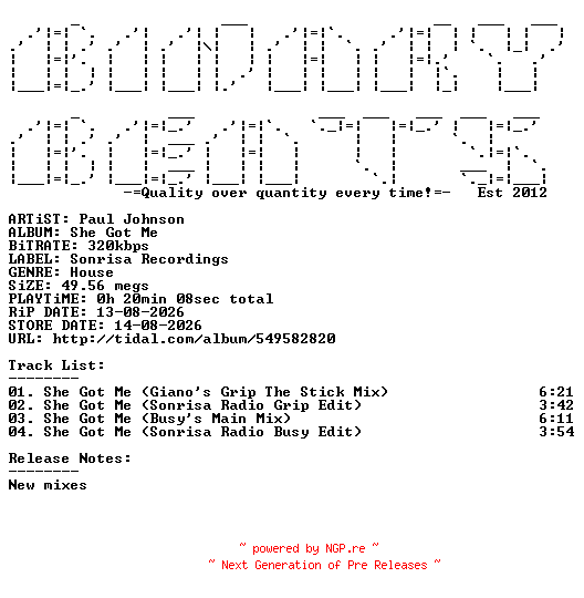 NFO for the release Paul_Johnson-She_Got_Me-(SOND0006)-WEB-2026-BB by BB