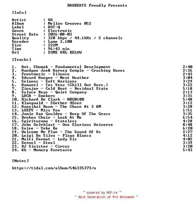 NFO for the release VA-Mellow_Grooves_052-WEB-2026-RAWBEATS by RAWBEATS