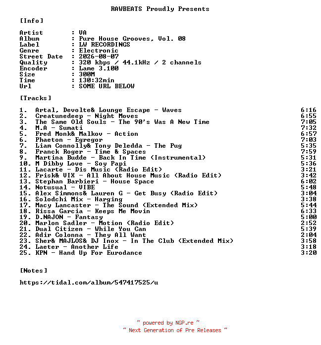 NFO for the release VA-Pure_House_Grooves_Vol._08-WEB-2026-RAWBEATS by RAWBEATS