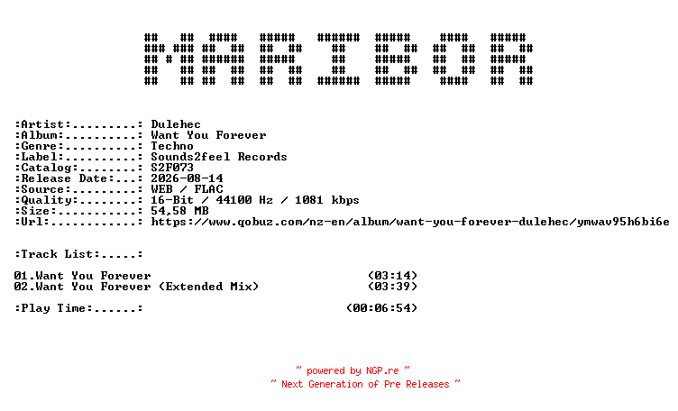 NFO for the release Dulehec-Want_You_Forever-(S2F073)-16BIT-WEB-FLAC-2026-MARiBOR by MARiBOR