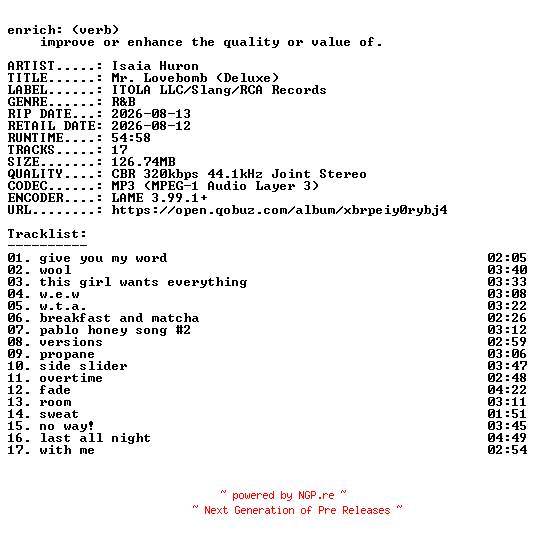NFO for the release Isaia_Huron-Mr._Lovebomb_(Deluxe)-WEB-2026-ENRiCH by ENRiCH