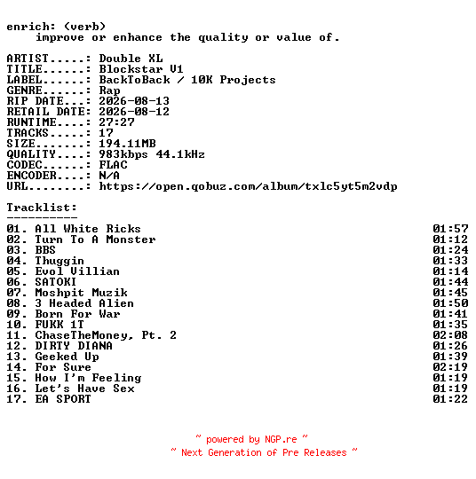 NFO for the release Double_XL-Blockstar_V1-16BIT-WEB-FLAC-2026-ENRiCH by ENRiCH