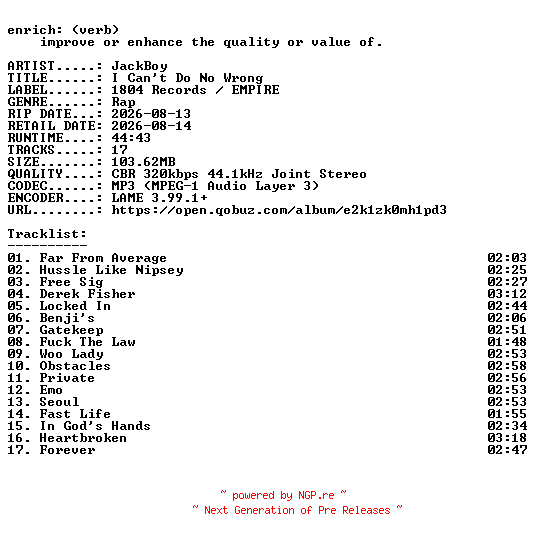 NFO for the release JackBoy-I_Cant_Do_No_Wrong-WEB-2026-ENRiCH by ENRiCH