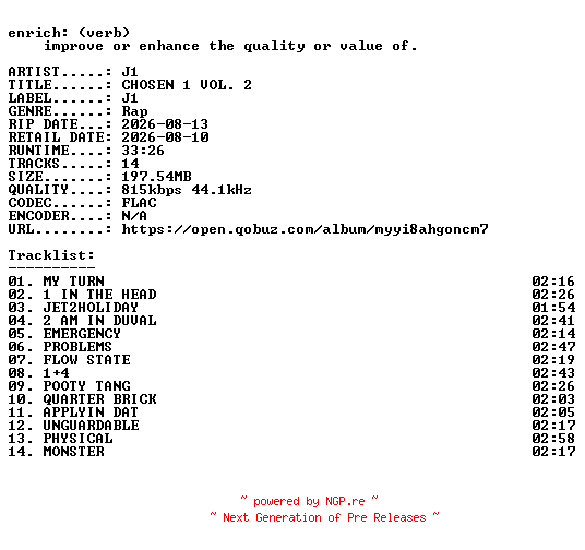 NFO for the release J1-CHOSEN_1_VOL._2-16BIT-WEB-FLAC-2026-ENRiCH by ENRiCH