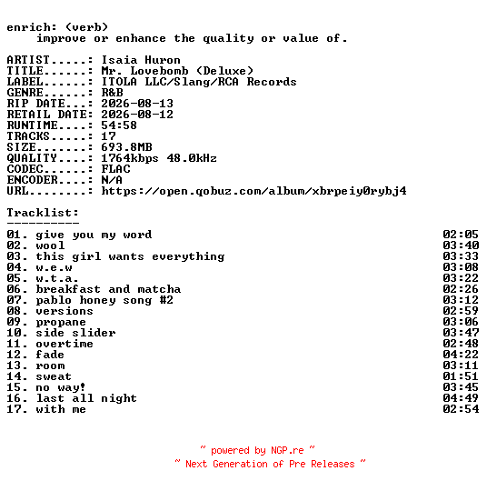 NFO for the release Isaia_Huron-Mr._Lovebomb_(Deluxe)-24BIT-WEB-FLAC-2026-ENRiCH by ENRiCH