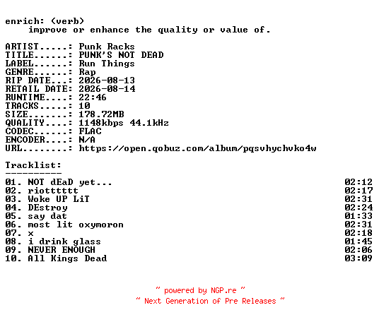 NFO for the release Punk_Racks-PUNKS_NOT_DEAD-16BIT-WEB-FLAC-2026-ENRiCH by ENRiCH