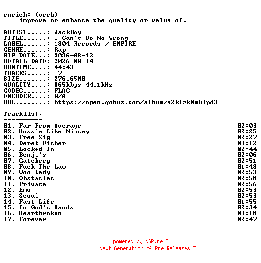 NFO for the release JackBoy-I_Cant_Do_No_Wrong-16BIT-WEB-FLAC-2026-ENRiCH by ENRiCH