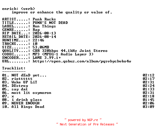 NFO for the release Punk_Racks-PUNKS_NOT_DEAD-WEB-2026-ENRiCH by ENRiCH
