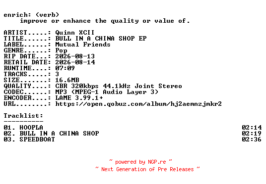 NFO for the release Quinn_XCII-BULL_IN_A_CHINA_SHOP_EP-WEB-2026-ENRiCH by ENRiCH
