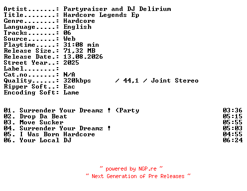 NFO for the release Partyraiser_and_DJ_Delirium-Hardcore_Legends_Ep-WEB-2025-XTC_iNT by XTC_iNT