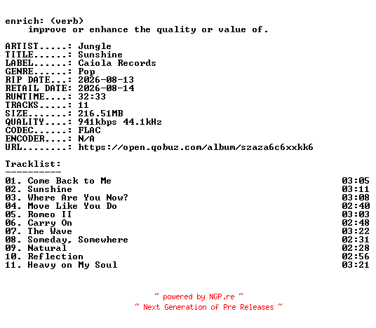 NFO for the release Jungle-Sunshine-16BIT-WEB-FLAC-2026-ENRiCH by ENRiCH