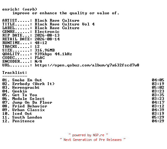 NFO for the release Black_Rave_Culture-Black_Rave_Culture_Vol_4-16BIT-WEB-FLAC-2026-ENRiCH by ENRiCH
