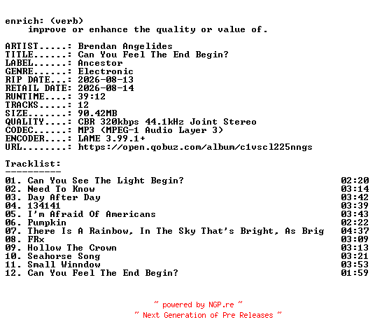 NFO for the release Brendan_Angelides-Can_You_Feel_The_End_Begin-WEB-2026-ENRiCH by ENRiCH
