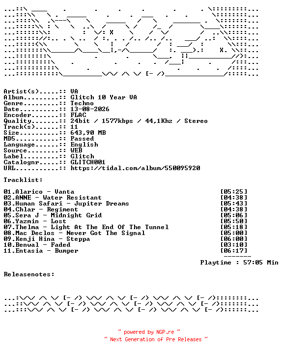 NFO for the release VA-Glitch_10_Year_VA-GLITCH001-24BIT-WEB-FLAC-2026-WAVED by WAVED