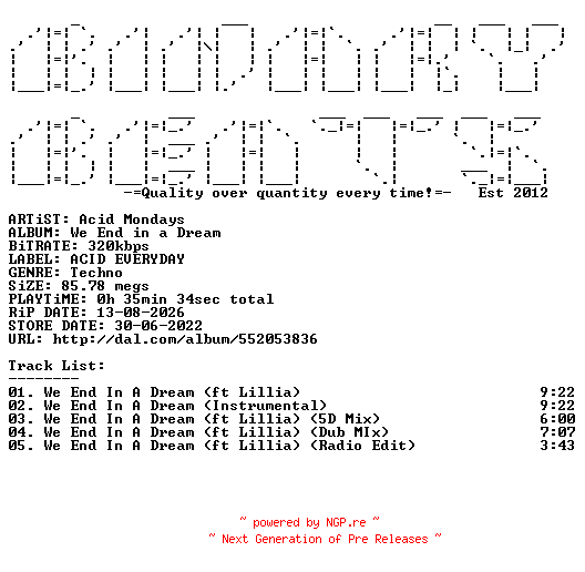 NFO for the release Acid_Mondays-We_End_In_A_Dream-(ACID001)-WEB-2022-BB by BB