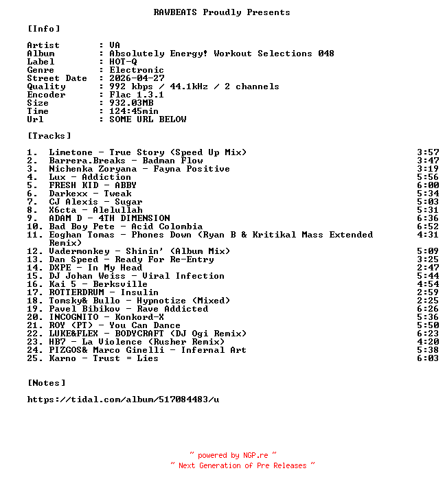NFO for the release VA-Absolutely_Energy_Workout_Selections_048-16BIT-WEB-FLAC-2026-RAWBEATS by RAWBEATS